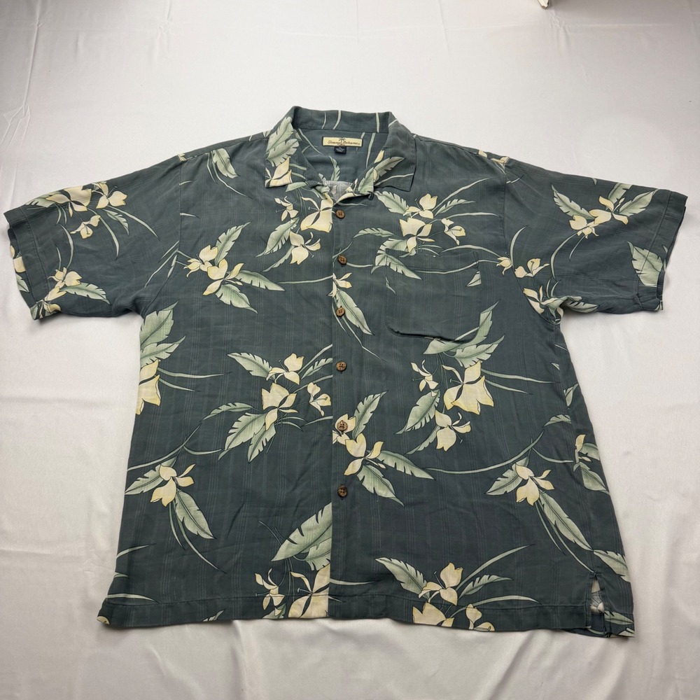 Tommy Bahama Button Up Shirt Mens XL Grey Floral Silk Short Sleeve Hawaiian